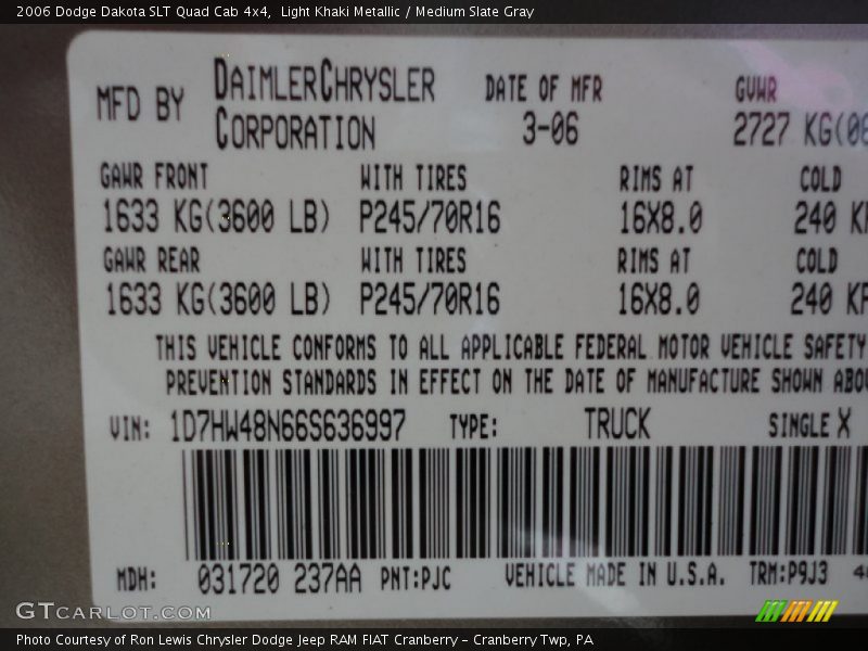 2006 Dakota SLT Quad Cab 4x4 Light Khaki Metallic Color Code PJC