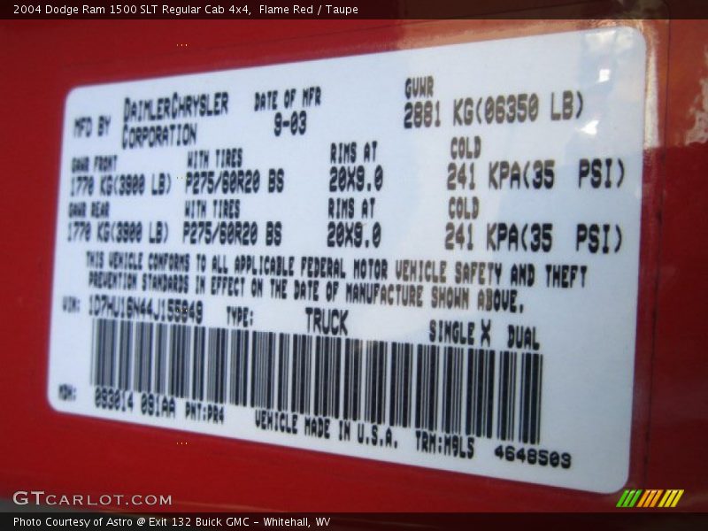 2004 Ram 1500 SLT Regular Cab 4x4 Flame Red Color Code PR4