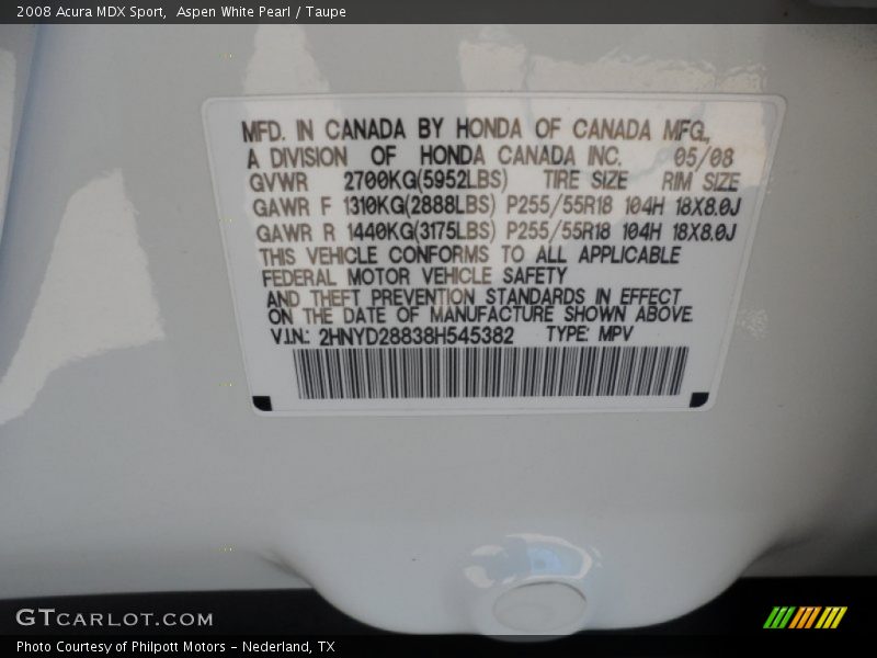 Info Tag of 2008 MDX Sport