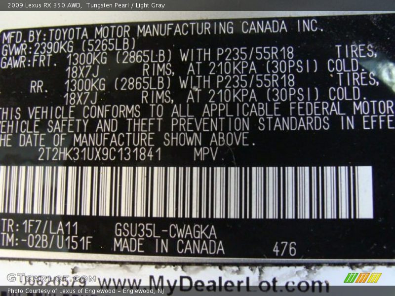 Tungsten Pearl / Light Gray 2009 Lexus RX 350 AWD