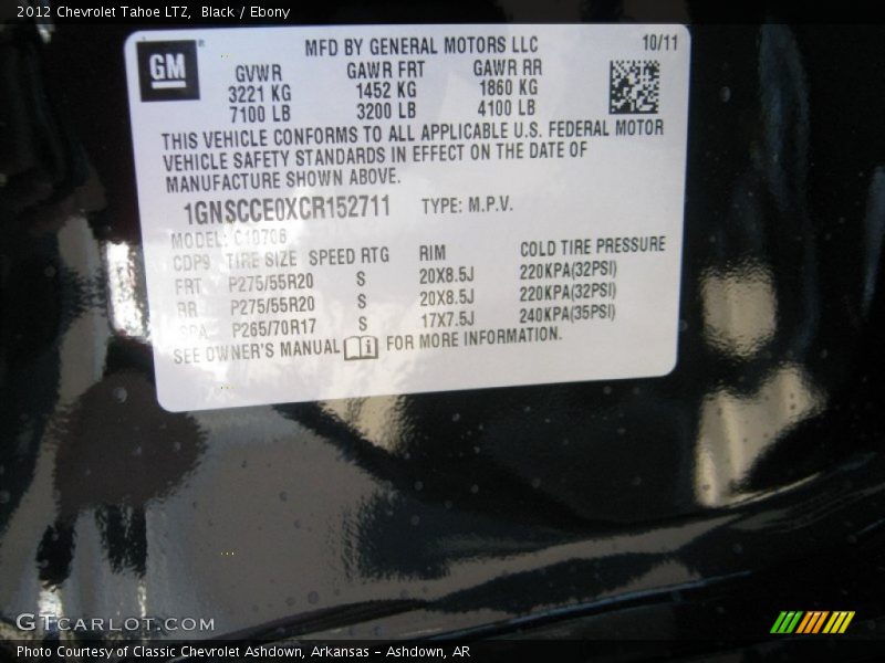 Info Tag of 2012 Tahoe LTZ
