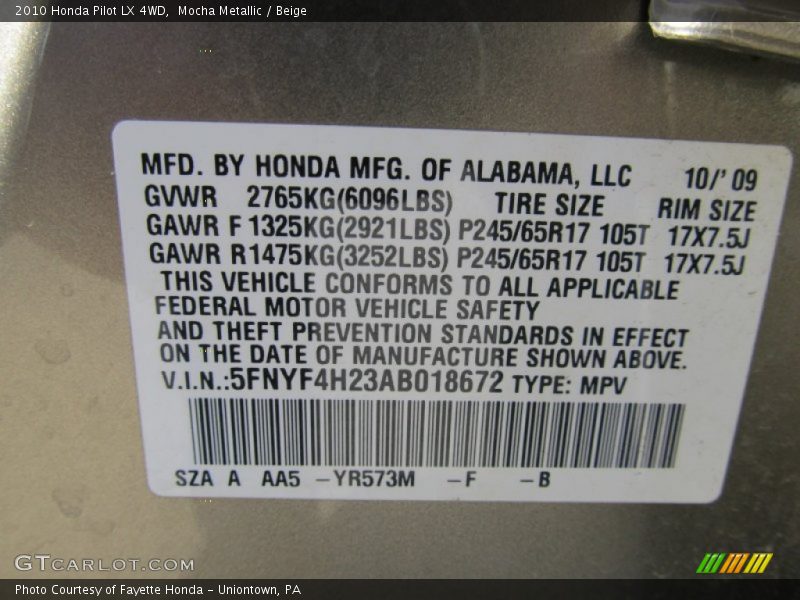 2010 Pilot LX 4WD Mocha Metallic Color Code YR573M
