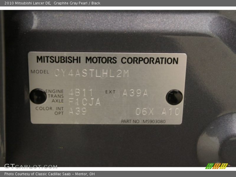 Graphite Gray Pearl / Black 2010 Mitsubishi Lancer DE