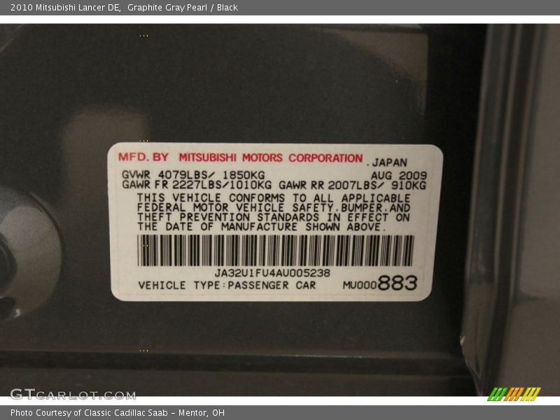 Graphite Gray Pearl / Black 2010 Mitsubishi Lancer DE
