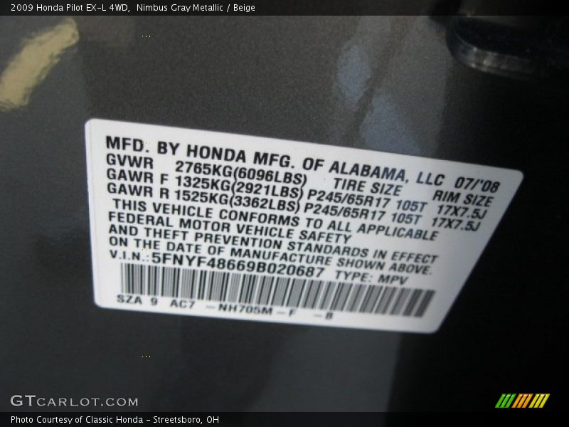 Nimbus Gray Metallic / Beige 2009 Honda Pilot EX-L 4WD