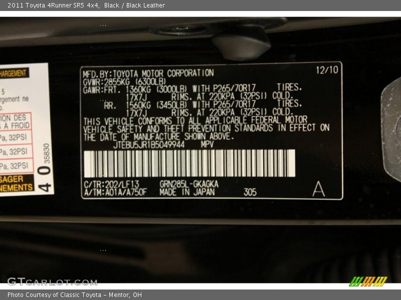 Black / Black Leather 2011 Toyota 4Runner SR5 4x4