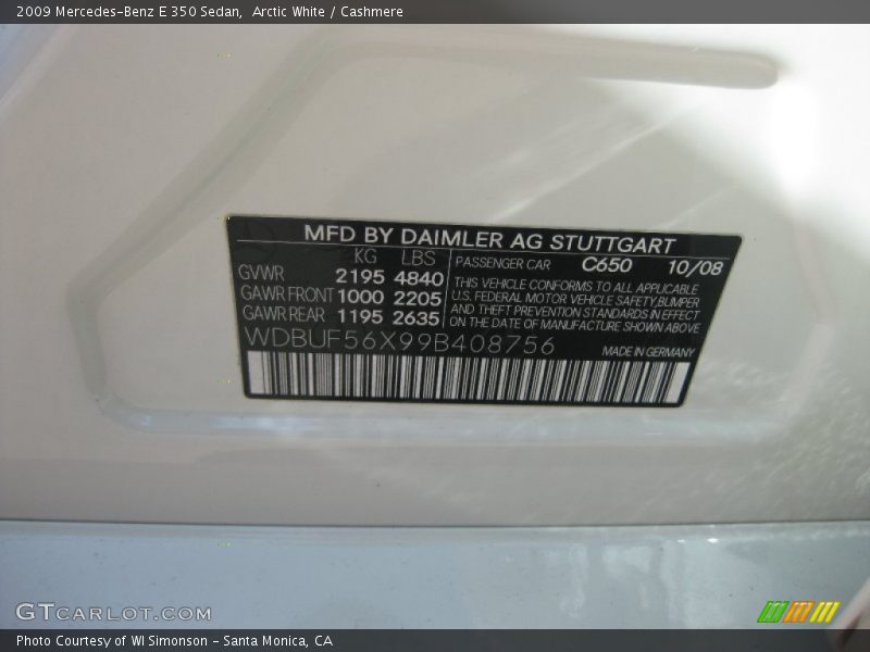 Arctic White / Cashmere 2009 Mercedes-Benz E 350 Sedan