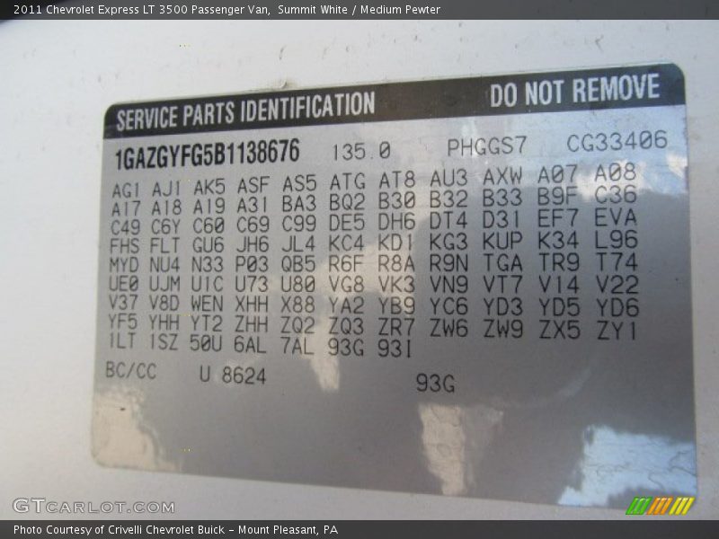 Info Tag of 2011 Express LT 3500 Passenger Van