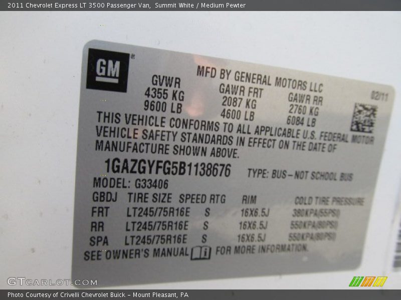 Info Tag of 2011 Express LT 3500 Passenger Van