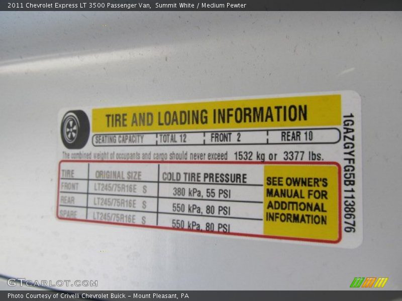 Info Tag of 2011 Express LT 3500 Passenger Van