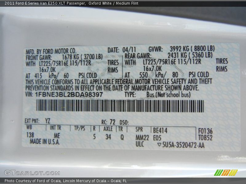 2011 E Series Van E350 XLT Passenger Oxford White Color Code YZ