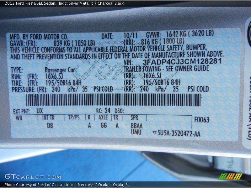 2012 Fiesta SEL Sedan Ingot Silver Metallic Color Code UX