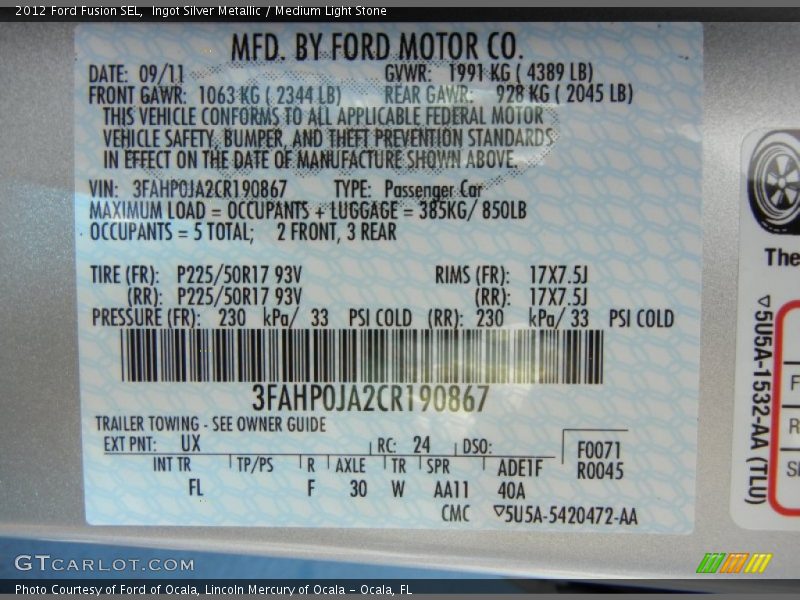 Ingot Silver Metallic / Medium Light Stone 2012 Ford Fusion SEL