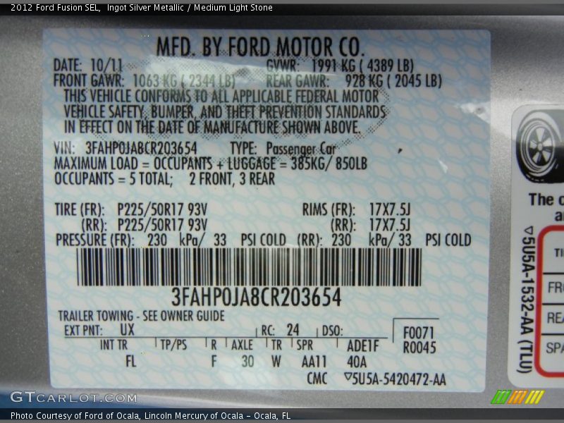 Ingot Silver Metallic / Medium Light Stone 2012 Ford Fusion SEL