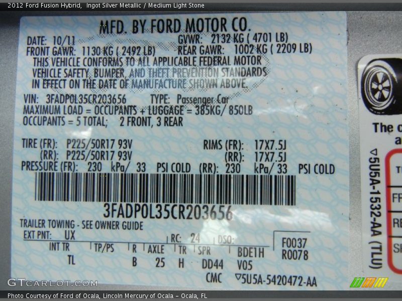 2012 Fusion Hybrid Ingot Silver Metallic Color Code UX