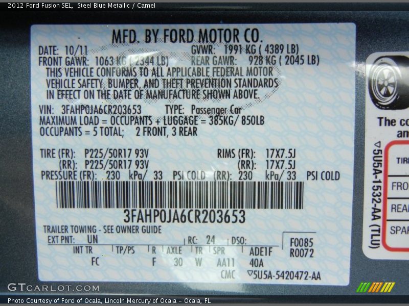 Steel Blue Metallic / Camel 2012 Ford Fusion SEL