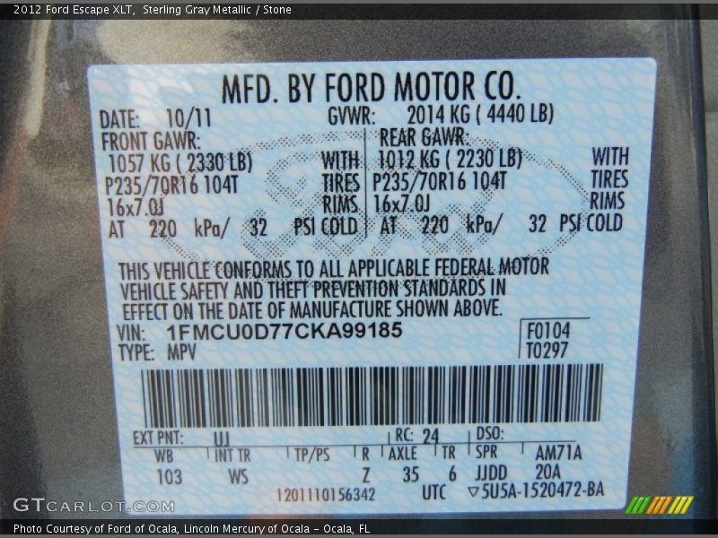 Sterling Gray Metallic / Stone 2012 Ford Escape XLT