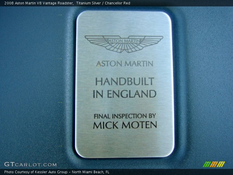 Info Tag of 2008 V8 Vantage Roadster