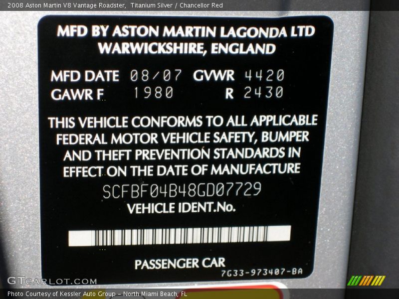 Info Tag of 2008 V8 Vantage Roadster