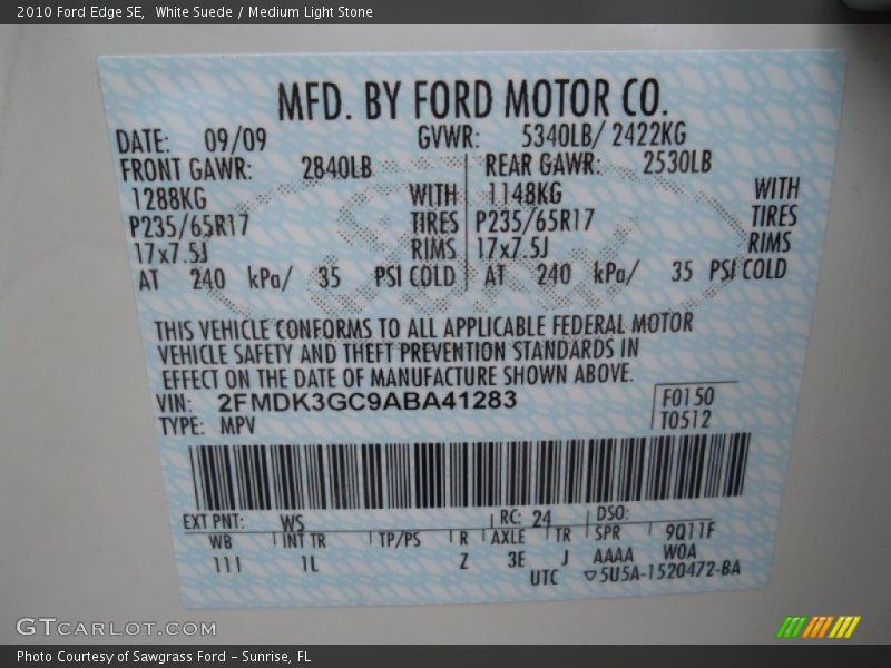 White Suede / Medium Light Stone 2010 Ford Edge SE