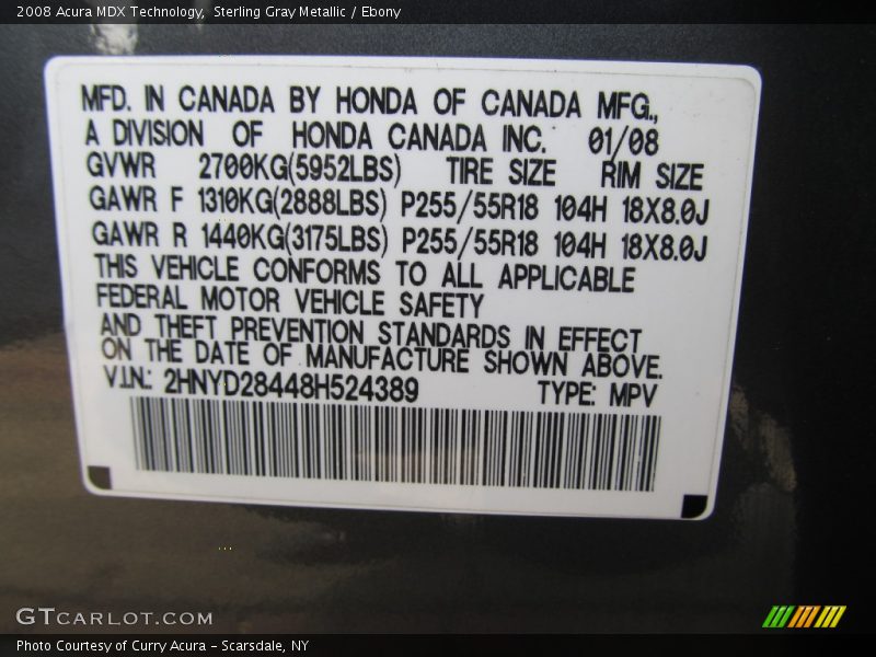 Sterling Gray Metallic / Ebony 2008 Acura MDX Technology