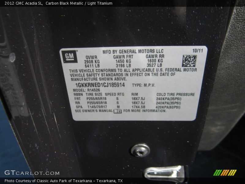 Carbon Black Metallic / Light Titanium 2012 GMC Acadia SL
