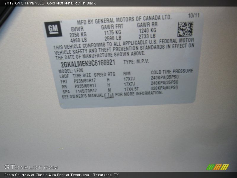 Gold Mist Metallic / Jet Black 2012 GMC Terrain SLE