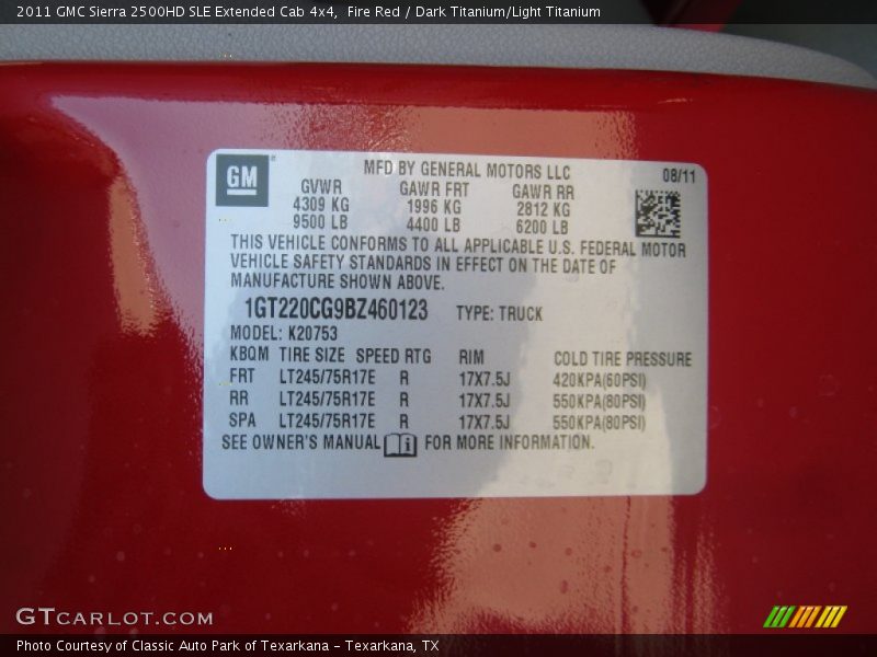 Info Tag of 2011 Sierra 2500HD SLE Extended Cab 4x4