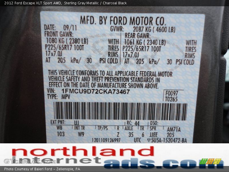 Sterling Gray Metallic / Charcoal Black 2012 Ford Escape XLT Sport AWD