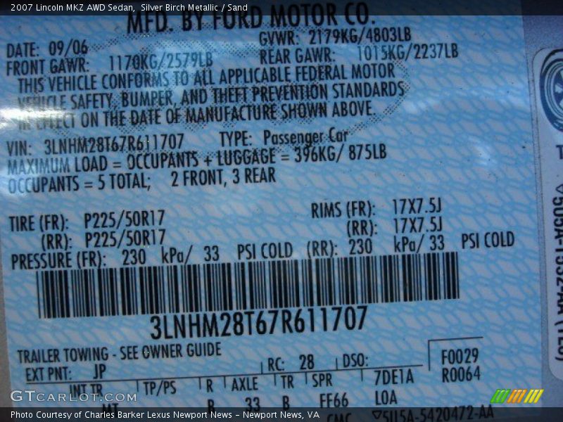 Silver Birch Metallic / Sand 2007 Lincoln MKZ AWD Sedan