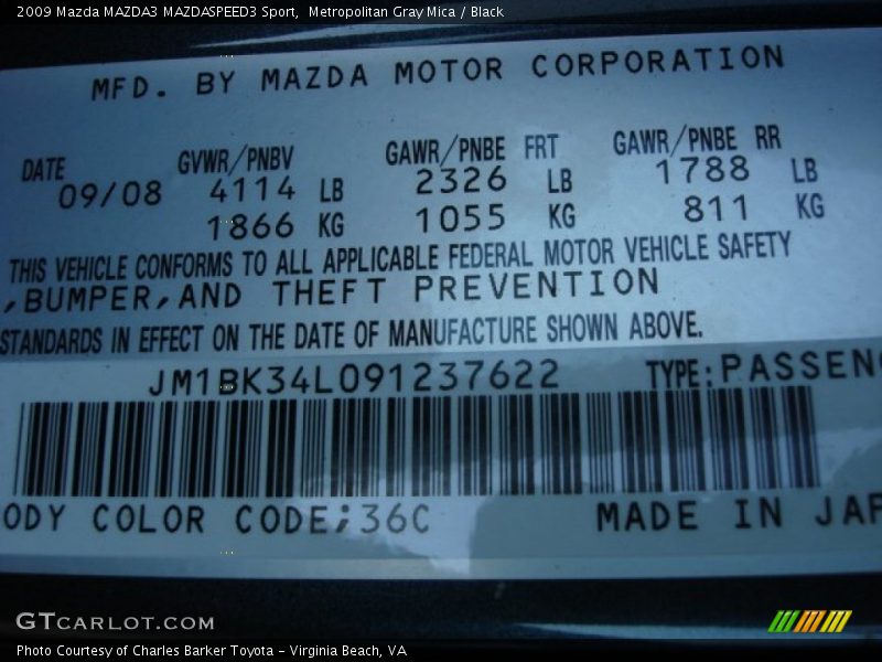 2009 MAZDA3 MAZDASPEED3 Sport Metropolitan Gray Mica Color Code 36C