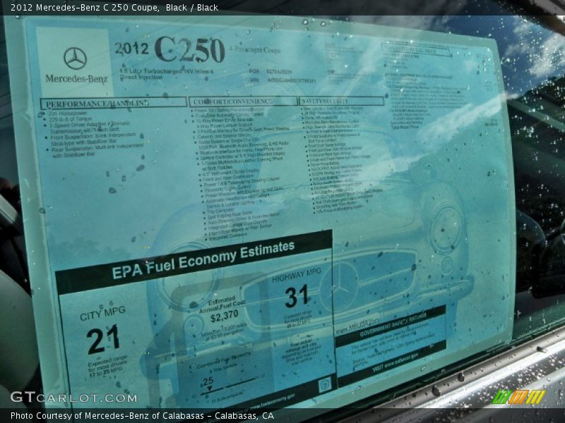  2012 C 250 Coupe Window Sticker