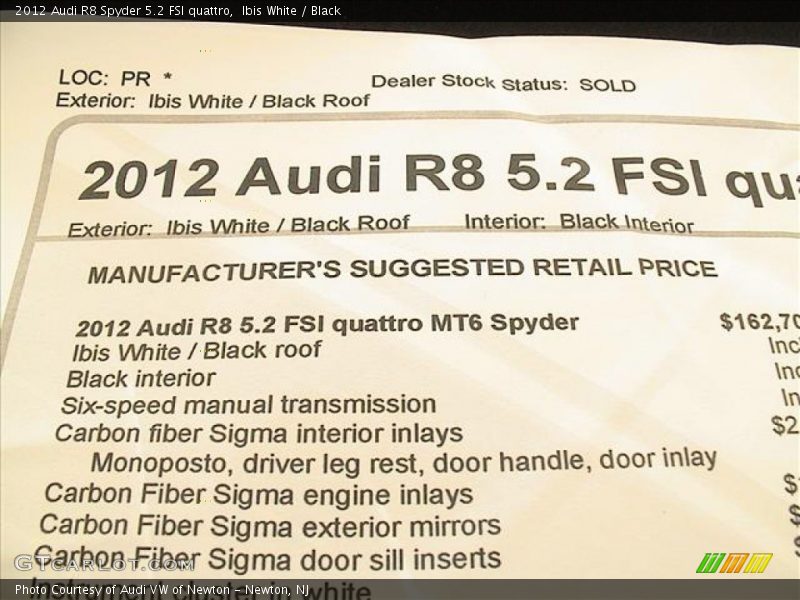  2012 R8 Spyder 5.2 FSI quattro Window Sticker
