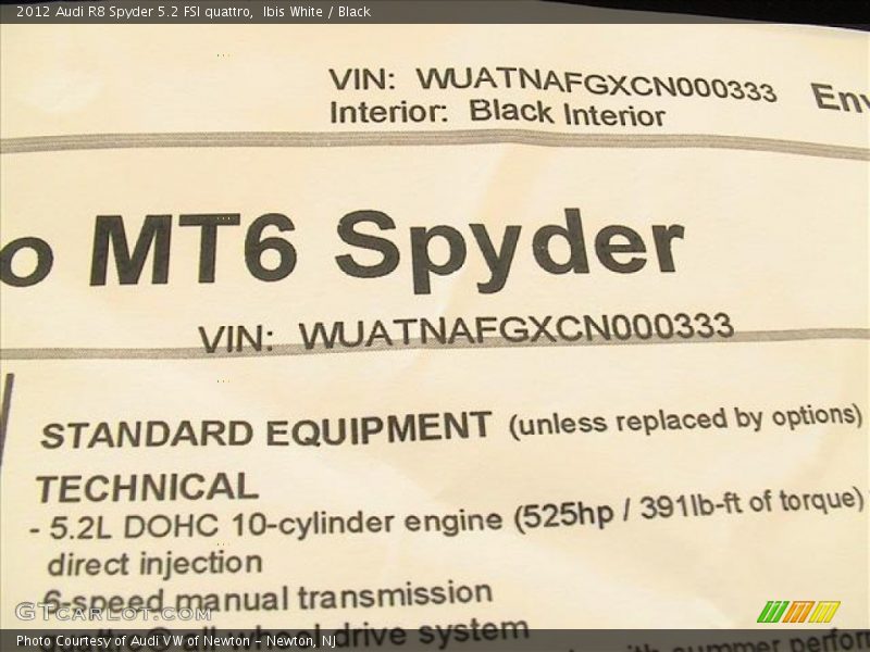 2012 R8 Spyder 5.2 FSI quattro Window Sticker