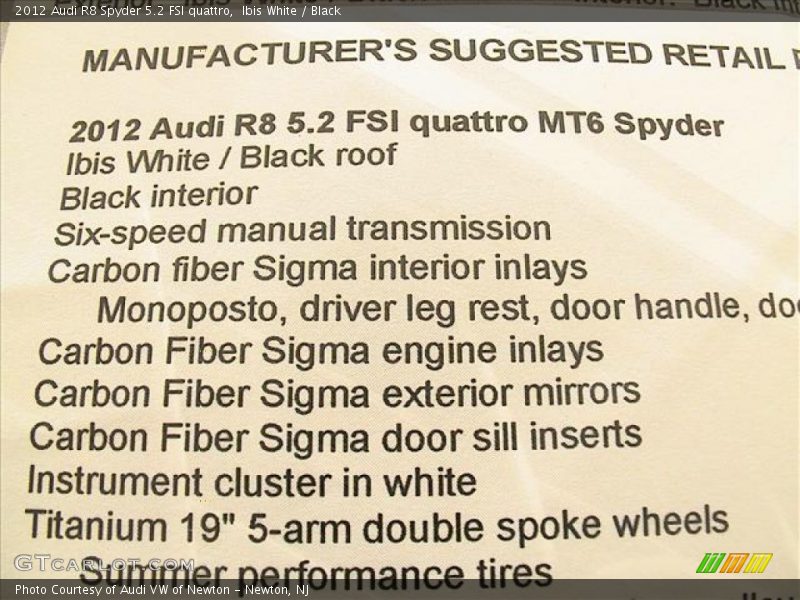  2012 R8 Spyder 5.2 FSI quattro Window Sticker