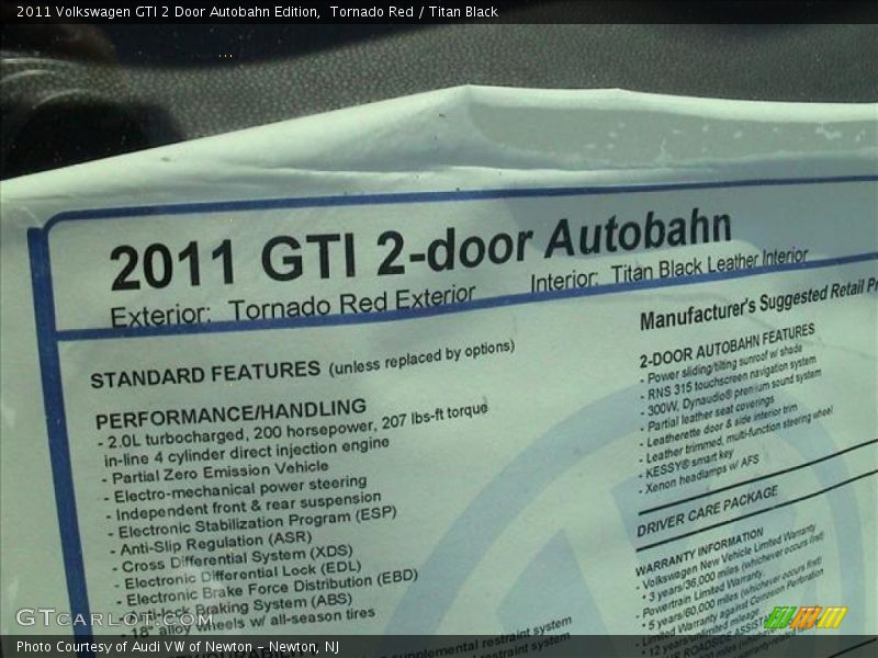  2011 GTI 2 Door Autobahn Edition Window Sticker