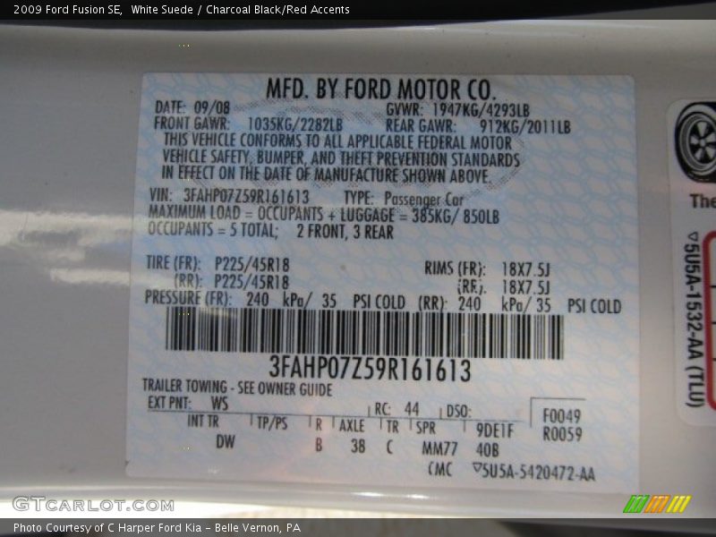White Suede / Charcoal Black/Red Accents 2009 Ford Fusion SE