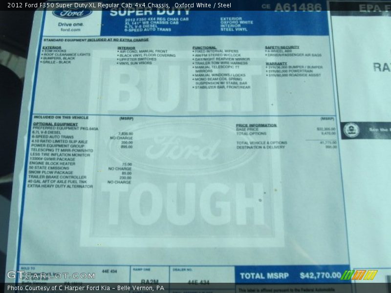  2012 F350 Super Duty XL Regular Cab 4x4 Chassis Window Sticker