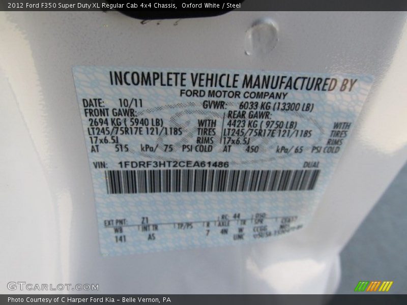 2012 F350 Super Duty XL Regular Cab 4x4 Chassis Oxford White Color Code Z1