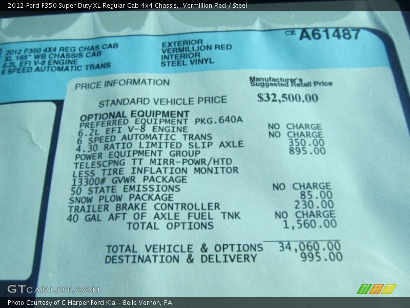  2012 F350 Super Duty XL Regular Cab 4x4 Chassis Window Sticker