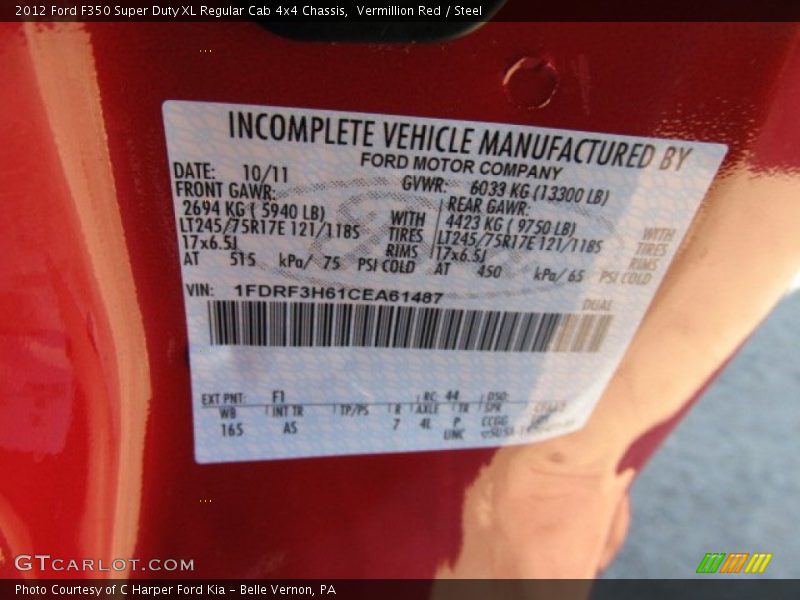 2012 F350 Super Duty XL Regular Cab 4x4 Chassis Vermillion Red Color Code F1