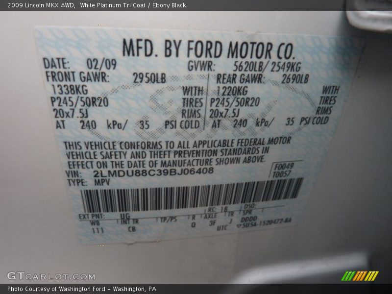 White Platinum Tri Coat / Ebony Black 2009 Lincoln MKX AWD