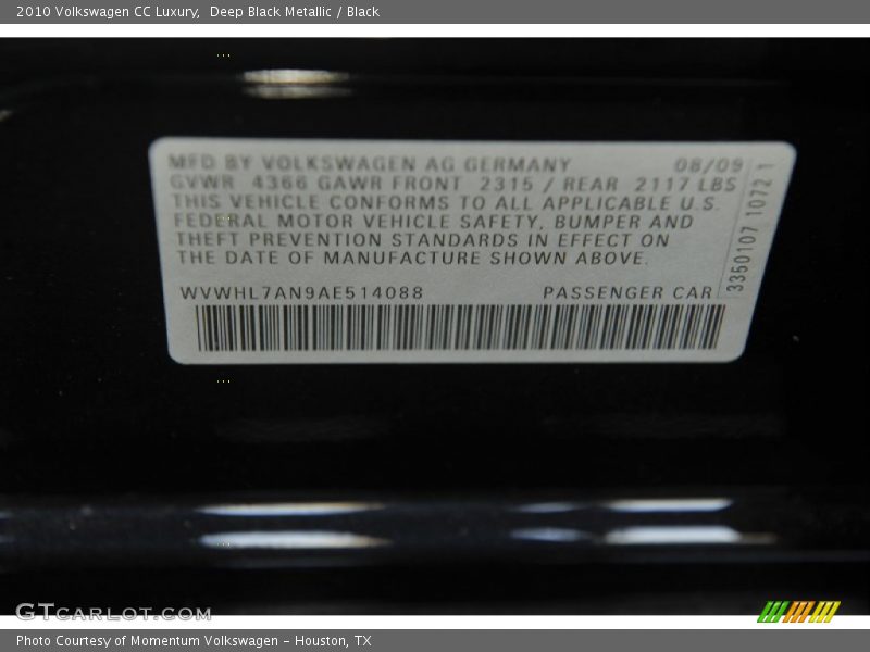 Deep Black Metallic / Black 2010 Volkswagen CC Luxury