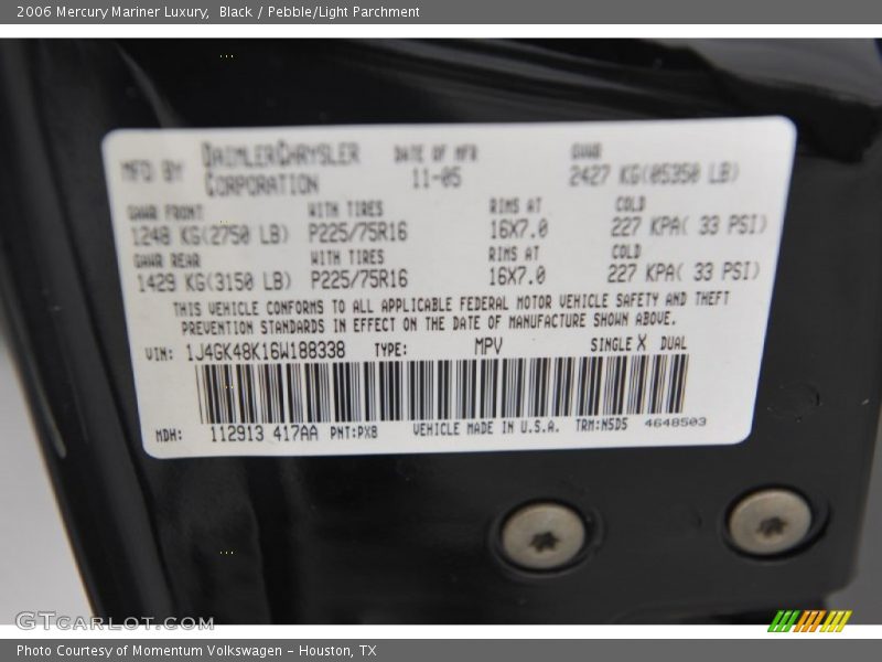 Black / Pebble/Light Parchment 2006 Mercury Mariner Luxury