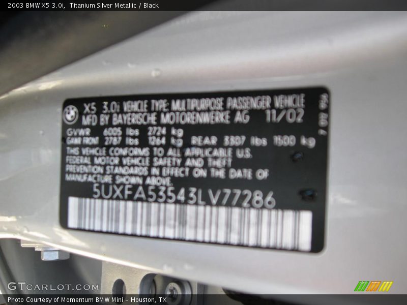 Titanium Silver Metallic / Black 2003 BMW X5 3.0i