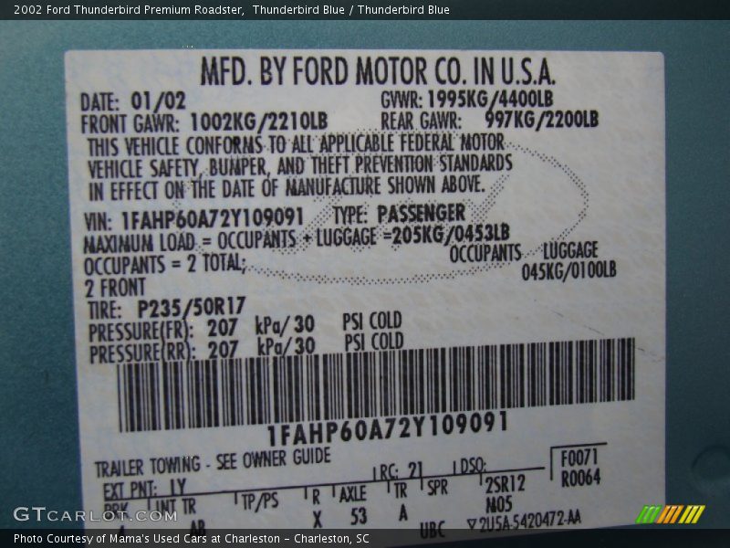 2002 Thunderbird Premium Roadster Thunderbird Blue Color Code LY