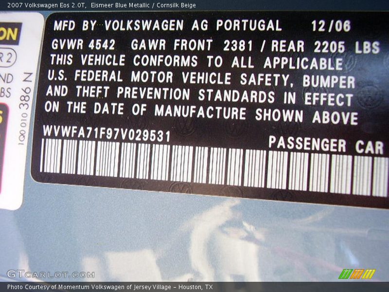 Eismeer Blue Metallic / Cornsilk Beige 2007 Volkswagen Eos 2.0T