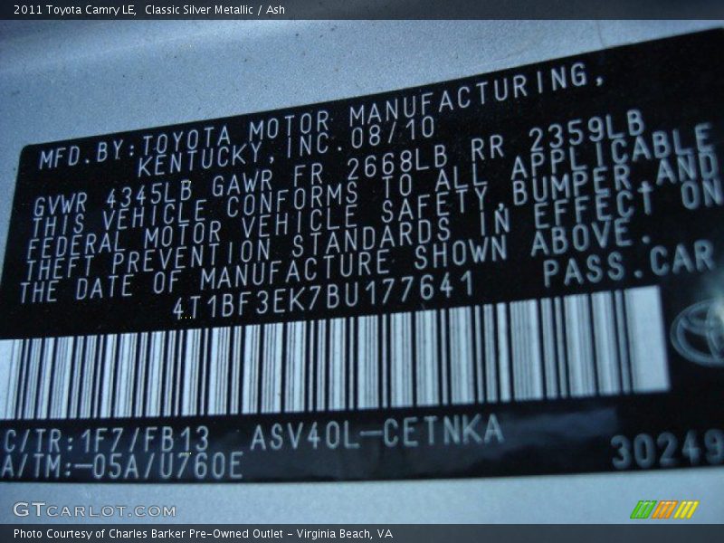 Classic Silver Metallic / Ash 2011 Toyota Camry LE