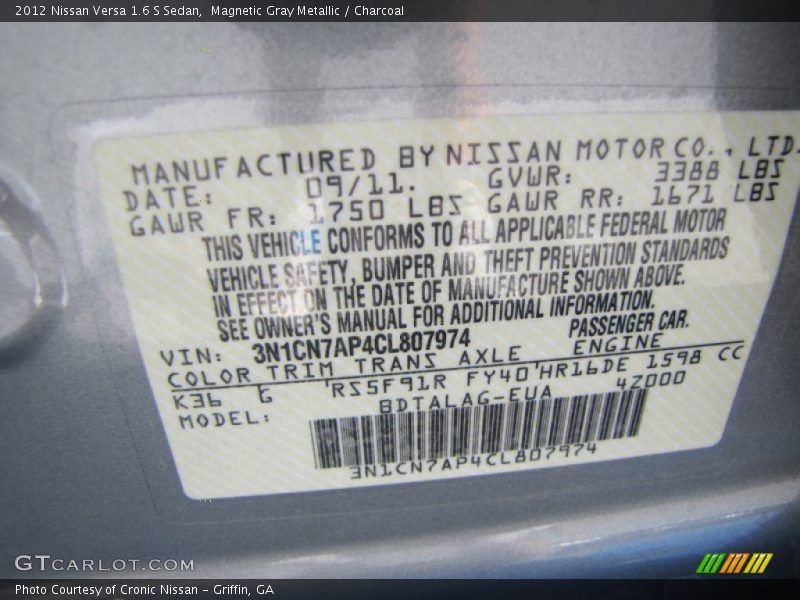Magnetic Gray Metallic / Charcoal 2012 Nissan Versa 1.6 S Sedan