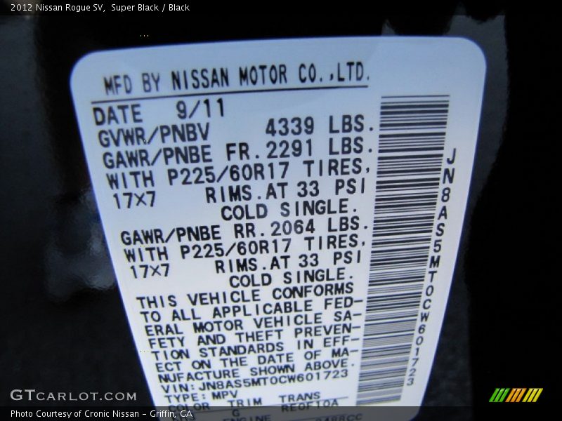 Super Black / Black 2012 Nissan Rogue SV